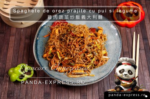 SPAGHETE DE OREZ PRAJITE CU PUI SI LEGUME 350g